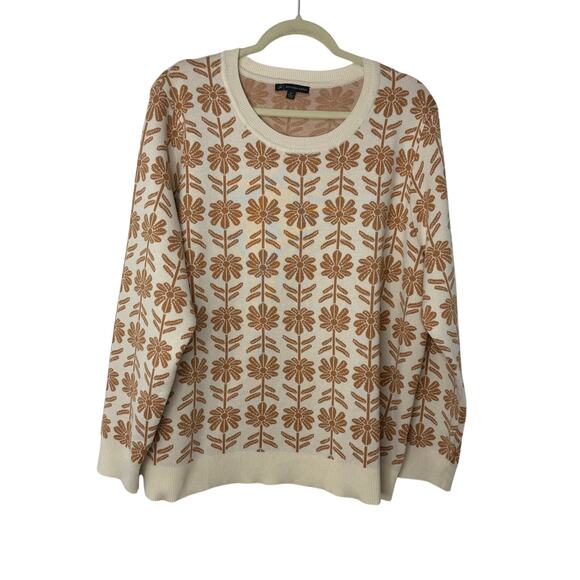 Adrianna Papell Daisy Floral Sweater 2X Tan Cream Retro Mod Knit Pullover - Picture 1 of 6